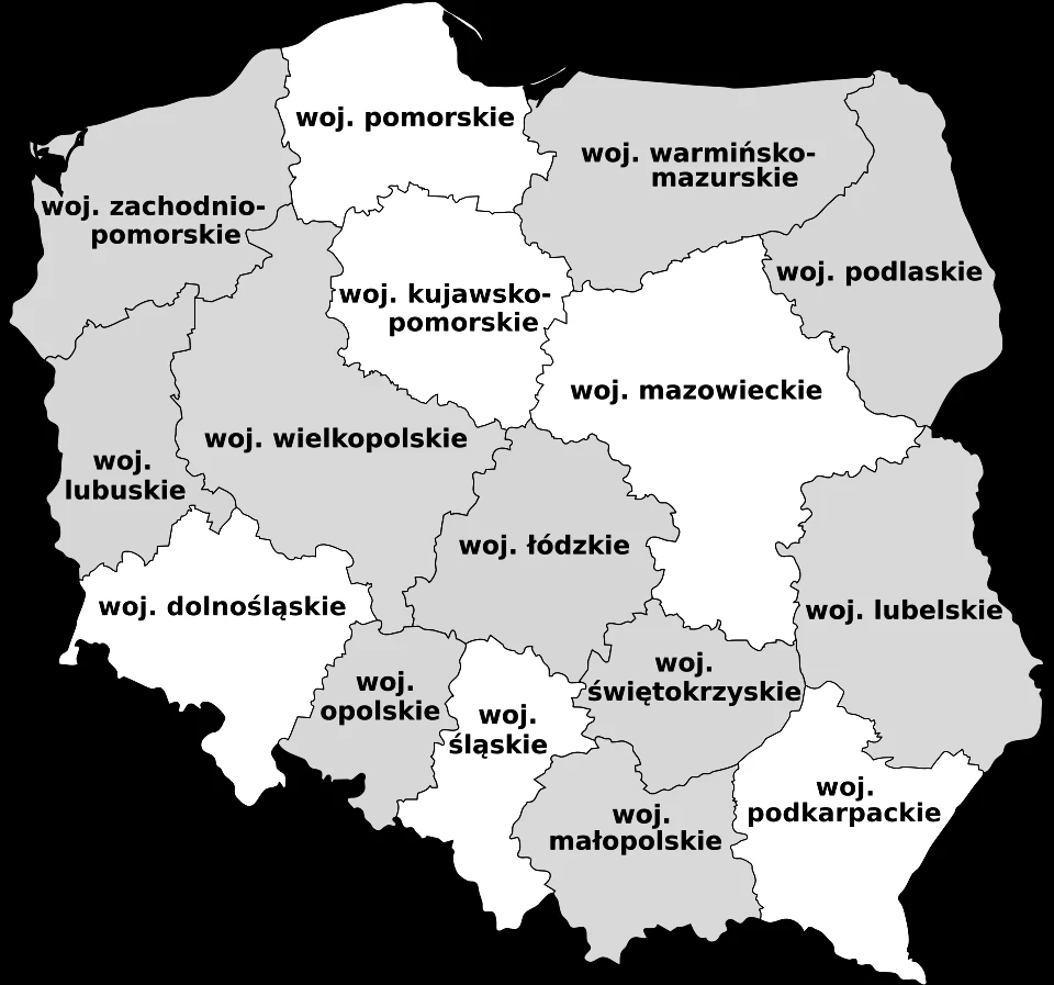 Czarno-biała mapa Polski z podziałem na województwa